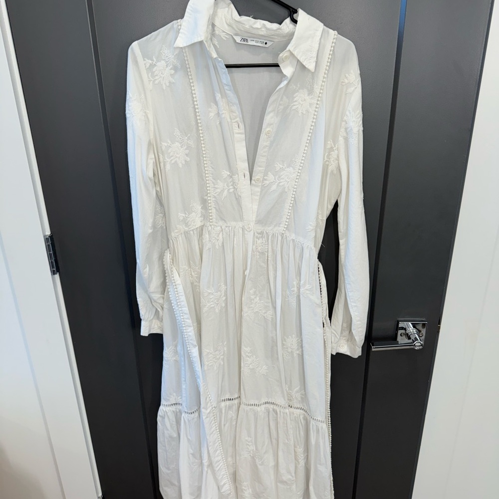 Zara White Midi Dress with Tie Waist - Picture 2 of 4